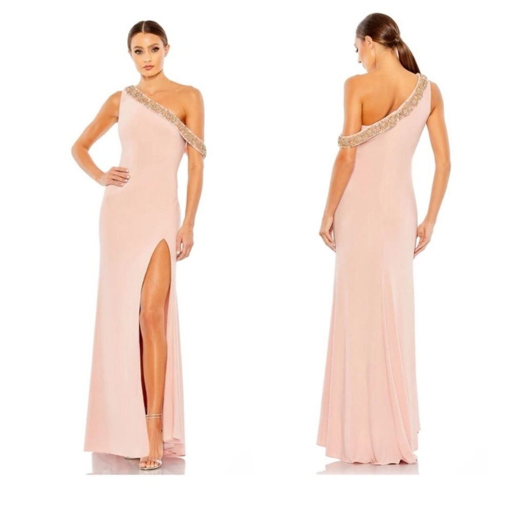 MAC DUGGAL 68163 Embellished Drop Shoulder Jersey Long Gown Dress Rose Pink 14